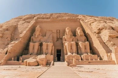 The Great Temple at Abu Simbel, its four seated colossi of Ramesses II carved into the cliff.