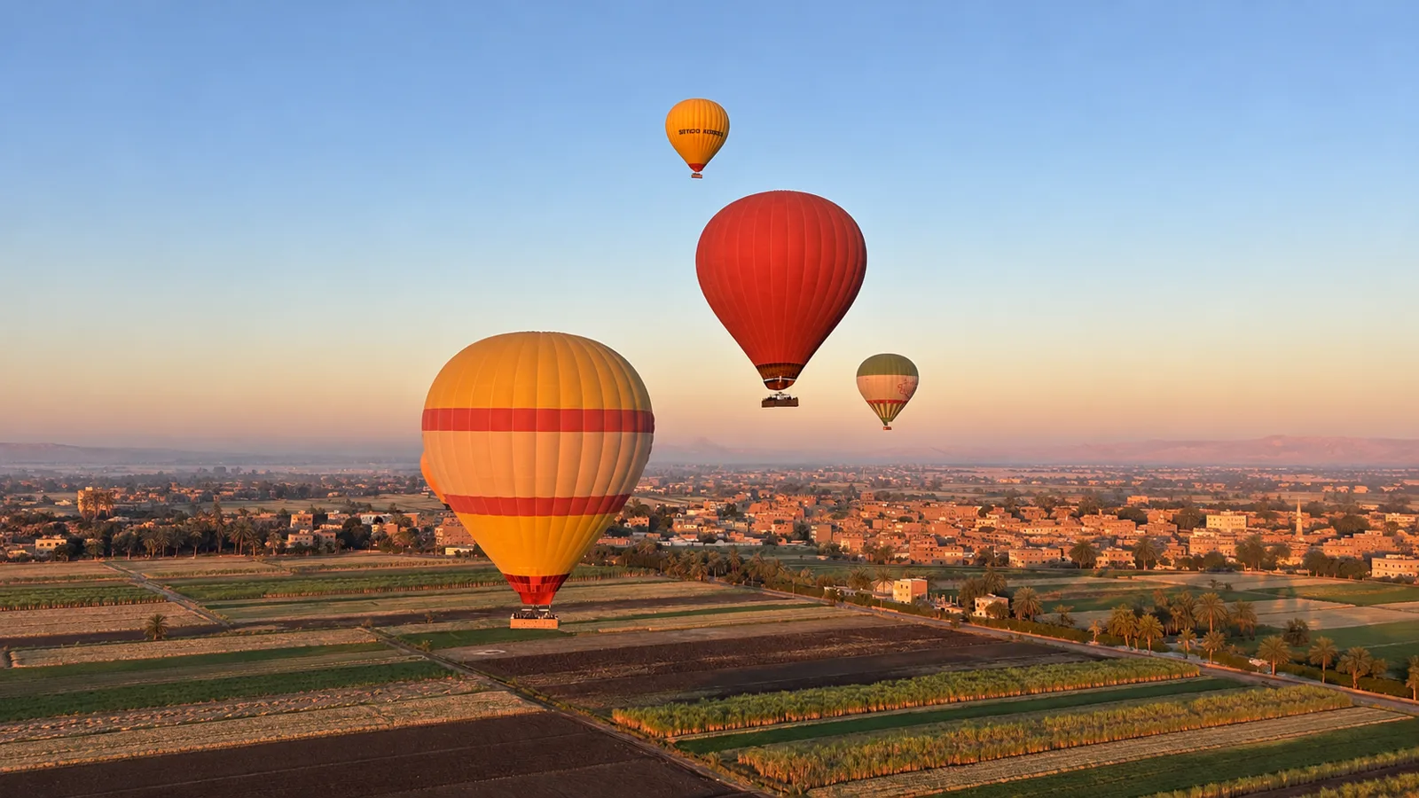 Hot air balloons over farmland at golden hour