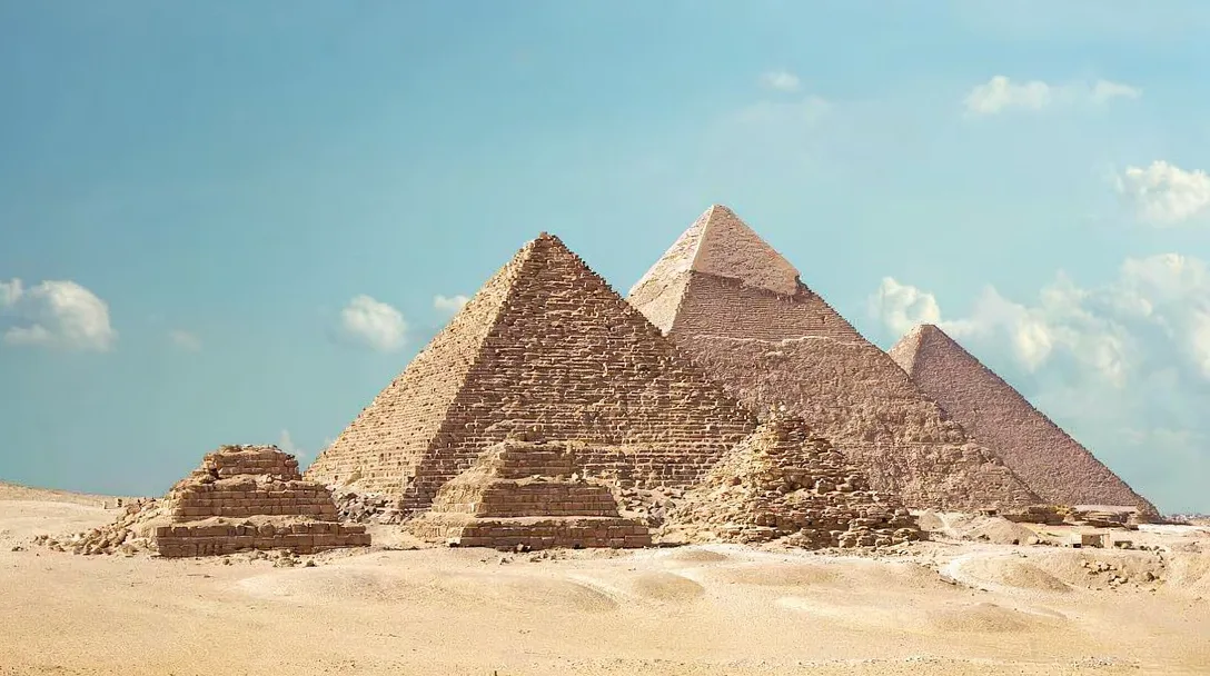 The Giza Pyramids rising from the desert plateau