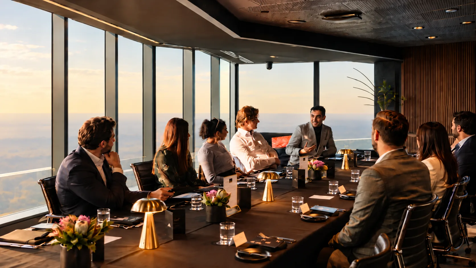 Executives in a boardroom meeting at golden hour