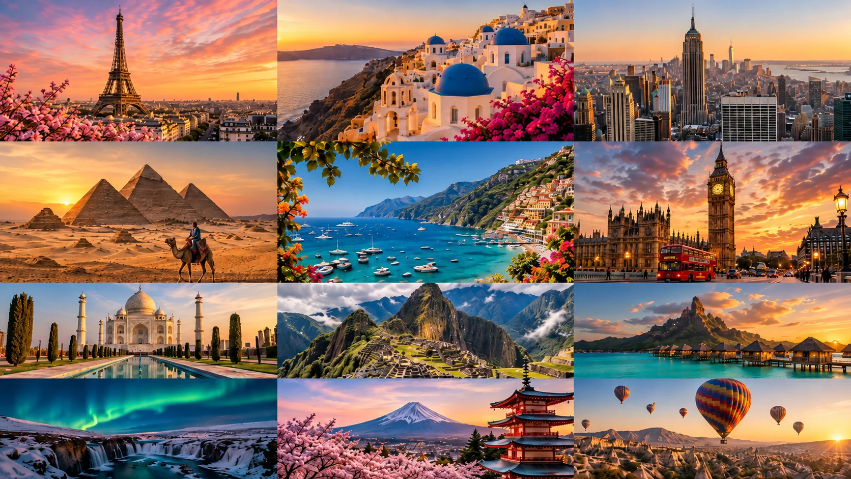 A collage of iconic world destinations at golden hour, including Paris, Santorini, New York, the Giza Pyramids, London, the Taj Mahal, Machu Picchu and Bora Bora