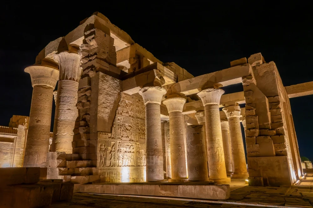 The columns of the temple at Kom Ombo, lit up at night.