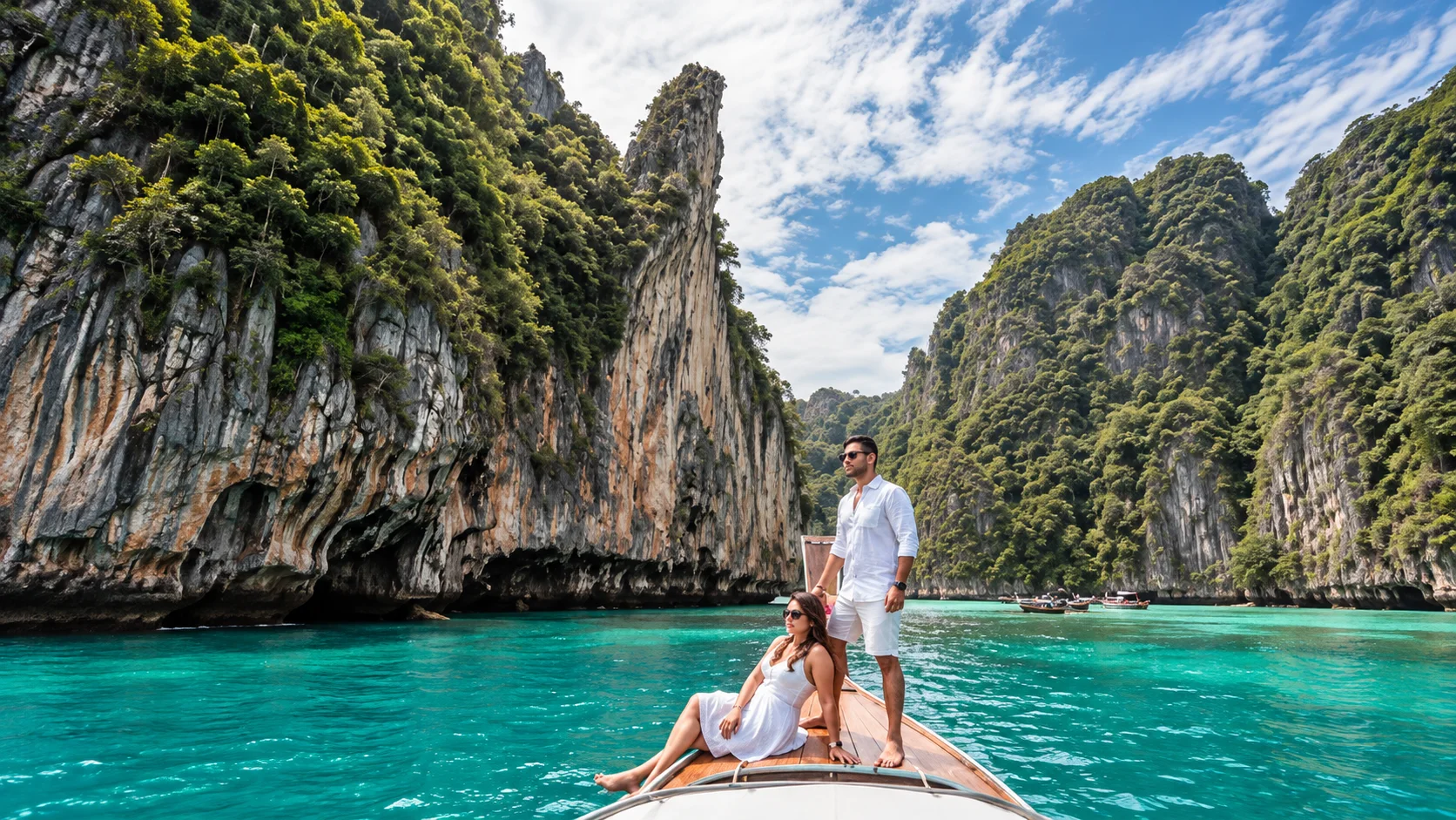 A couple on the bow of a boat gliding between green limestone cliffs on turquoise water