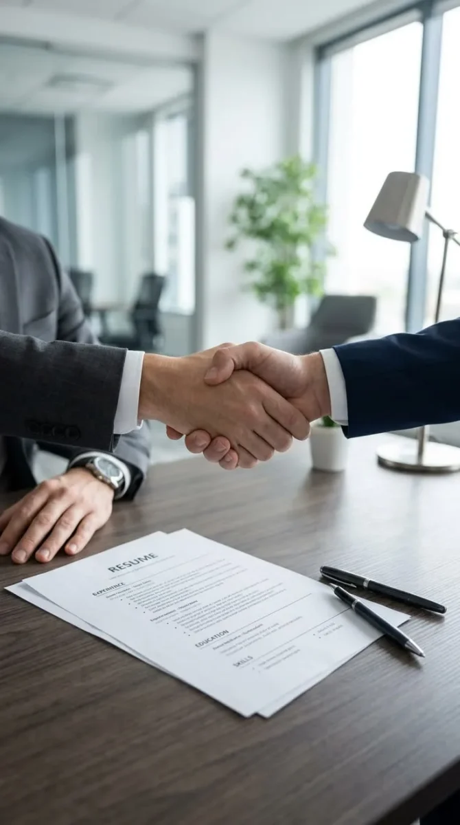 Meetings — two business partners shaking hands across a desk in a bright office
