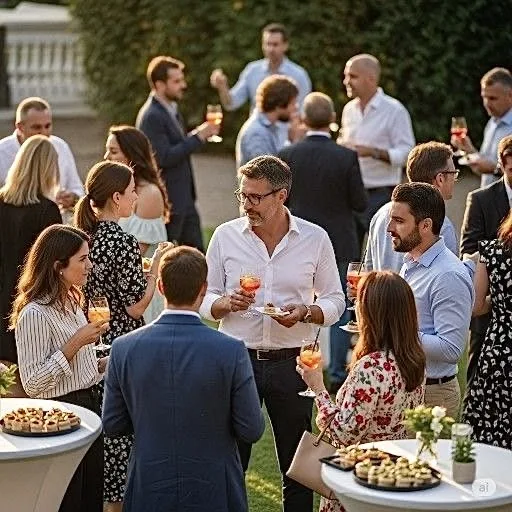 Guests mingling with drinks and canapés at an outdoor evening reception