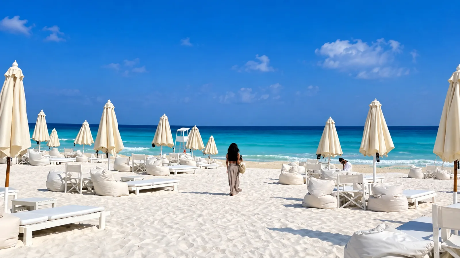 White sunbeds and parasols on the sand of the North Coast, with turquoise water behind