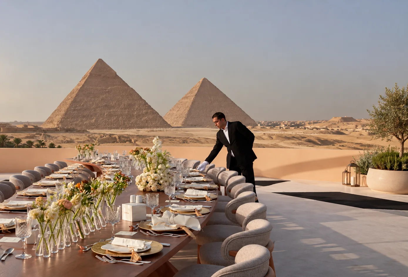 A luxury banquet table set beside the pyramids at sunset