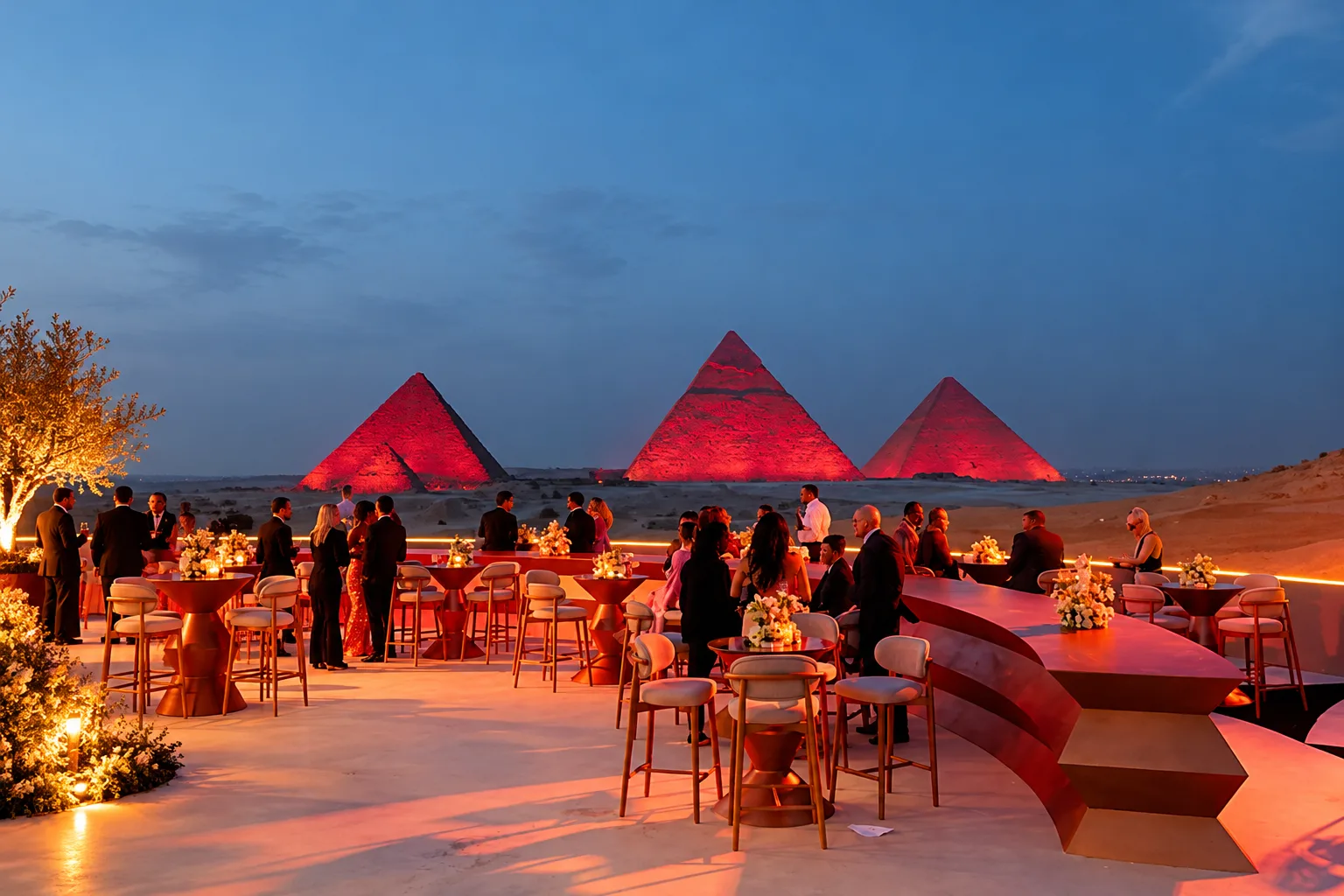 A twilight reception on a terrace with the Giza pyramids lit red behind