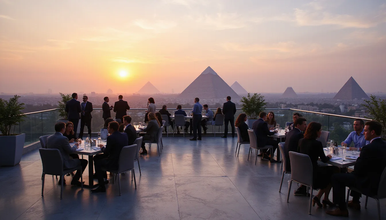 Guests at a rooftop evening reception with the pyramids at sunset