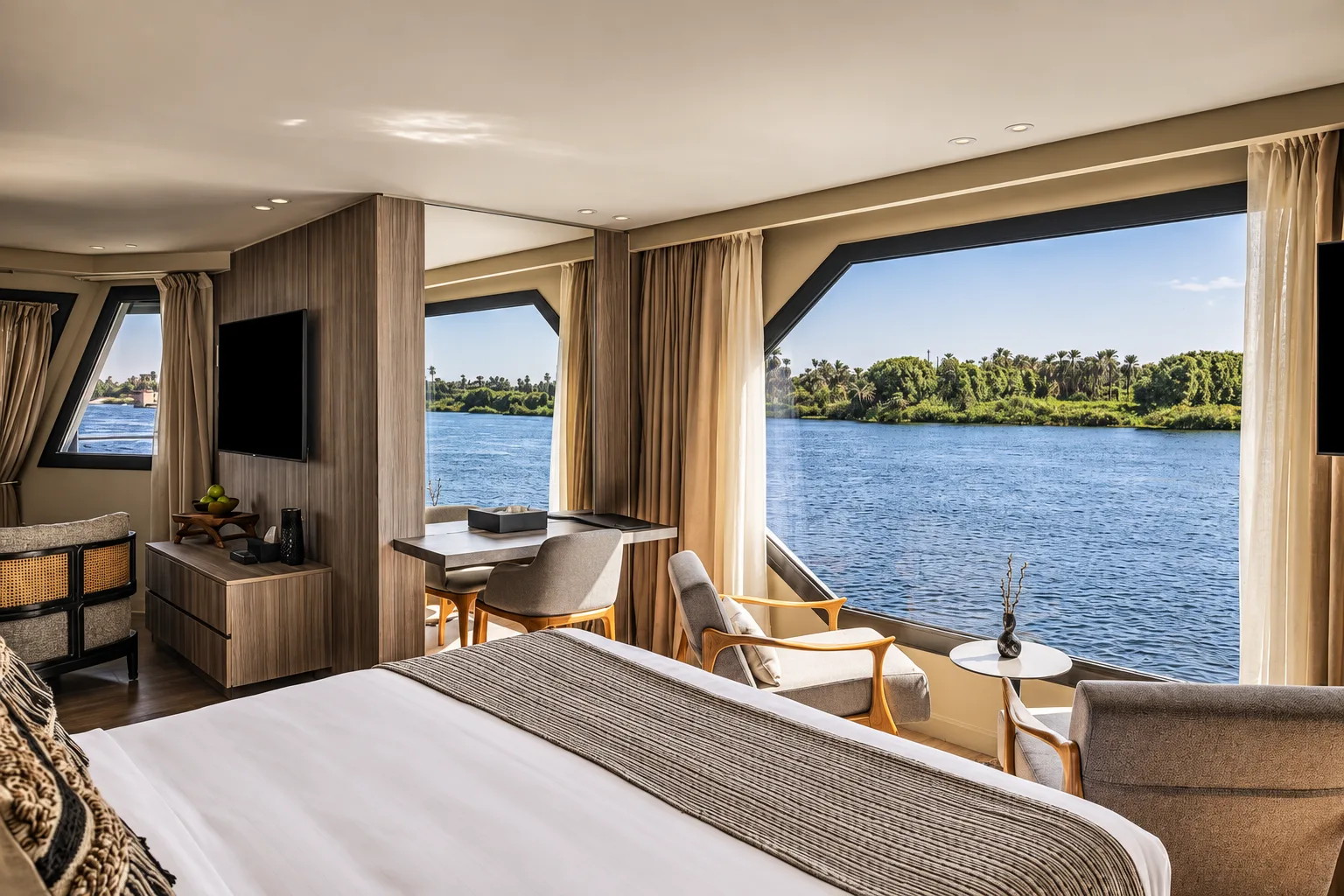 A luxury suite with a river view