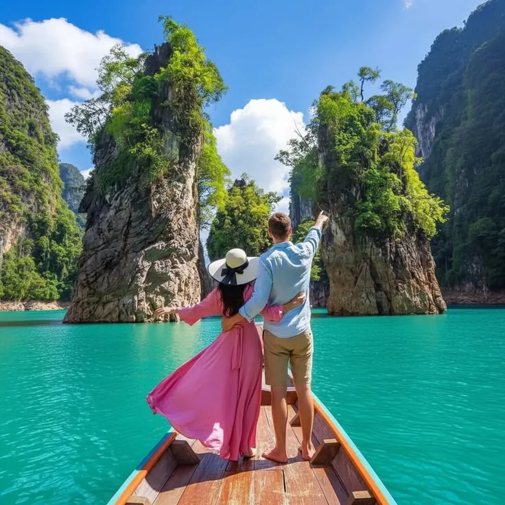 A couple on a wooden boat between limestone cliffs on a turquoise lake