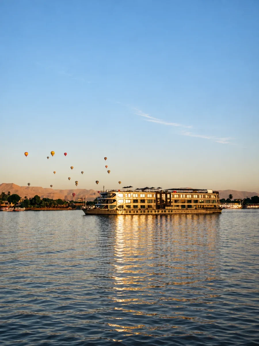A Nile cruise ship at golden hour with hot air balloons